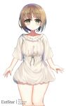  1girl aties20 bangs blush brown_hair closed_mouth collarbone commentary_request dress feet_out_of_frame frilled_dress frills green_eyes highres long_hair looking_at_viewer original simple_background smile solo standing white_background white_dress 