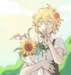  1boy basil_(omori) blonde_hair blue_eyes blush bouquet cactus closed_mouth collared_shirt emily_shaw finger_to_mouth flower gladiolus green_sweater_vest hair_flower hair_ornament highres holding holding_bouquet index_finger_raised lily_of_the_valley looking_at_viewer omori rose shirt short_hair short_sleeves smile solo sunflower sweater_vest tulip upper_body white_shirt 