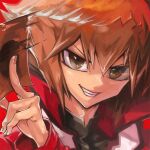  1boy bangs brown_eyes card duel_academy_uniform_(yu-gi-oh!_gx) gennai-yu holding holding_card long_sleeves looking_at_viewer male_focus parted_lips portrait smile solo yu-gi-oh! yu-gi-oh!_gx yuuki_juudai 