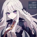  1girl artist_name bangs black_jacket black_ribbon braid brown_necktie closed_mouth collared_shirt commentary_request danganronpa:_trigger_happy_havoc danganronpa_(series) dated grey_background grey_hair hair_ribbon happy_birthday jacket kirigiri_kyouko long_hair long_sleeves looking_at_viewer mikao_(eanv5385) necktie open_clothes open_jacket ribbon shiny shiny_hair shirt side_braid solo upper_body violet_eyes white_shirt 