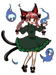  1girl :d animal_ears bow braid cat_ears cat_tail dress extra_ears fangs kaenbyou_rin looking_at_viewer multiple_tails nekomata red_eyes redhead shoes smile solo tail touhou twin_braids two_tails watarohata 