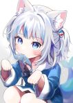  1girl absurdres animal_ear_fluff animal_ears bangs blue_eyes blue_hair blush cat_ears cat_girl fish fish_in_mouth fish_tail food_in_mouth gawr_gura gradient hair_ornament hairpin highres hololive hololive_english long_sleeves looking_at_viewer multicolored_hair paw_pose shark_tail shinomiya_shino_(sinosino141) short_twintails sitting solo tail twintails virtual_youtuber white_background white_hair 