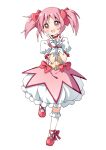  1girl bangs blush bow bubble_skirt choker double_v frilled_socks frills full_body hair_bow haru_(konomi_150) high_heels highres kaname_madoka layered_skirt leg_up magical_girl mahou_shoujo_madoka_magica open_mouth parted_bangs pink_eyes pink_hair pink_skirt puffy_short_sleeves puffy_sleeves red_bow red_choker red_footwear short_sleeves short_twintails simple_background skirt smile socks solo standing twintails v white_background white_skirt white_socks 