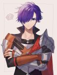  1boy armor cape closed_mouth fire_emblem fire_emblem:_three_houses fire_emblem_warriors:_three_hopes gloves hair_over_one_eye highres long_hair long_sleeves looking_at_viewer medium_hair purple_hair shez_(fire_emblem) shez_(fire_emblem)_(male) short_hair simple_background tomo_shirasu violet_eyes 
