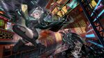  1girl absurdres boots breasts grey_hair highres holding holding_weapon huma_(tower_of_fantasy) jacket looking_at_viewer medium_breasts medium_hair night open_clothes open_jacket outdoors rain red_eyes song_song_huashi thigh_boots tower_of_fantasy weapon zipper 