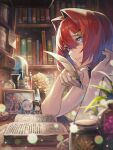  1girl a-er_(akkij0358) ange_katrina blue_eyes blurry blurry_foreground book bookshelf character_doll colored_inner_hair from_behind hair_between_eyes hair_intakes highres inui_toko multicolored_hair nijisanji open_book photo_(object) quill redhead sebastian_piyodore short_hair solo triangle_hair_ornament virtual_youtuber 