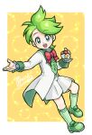  1boy :d blue_eyes border bow bowtie buttons commentary_request demerin green_footwear green_hair green_socks happy holding holding_poke_ball long_sleeves looking_at_viewer male_focus official_alternate_costume open_mouth poke_ball poke_ball_(basic) pokemon pokemon_(game) pokemon_masters_ex red_bow red_bowtie shoes short_hair shorts smile socks solo teeth tongue upper_teeth wally_(pokemon) white_border white_shorts 
