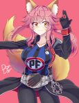 1girl absurdres animal_ear_fluff animal_ears black_gloves blush breasts collarbone drogo_doggo fate/grand_order fate_(series) fox_ears fox_girl fox_tail gloves highres kamen_rider kamen_rider_wizard_(series) large_breasts long_hair pink_background pink_hair shirt simple_background smile solo split_ponytail tail tamamo_(fate) tamamo_no_mae_(fate/extra) yellow_eyes