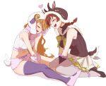  2girls animal_costume animal_ears braid brown_hair closed_eyes deer_costume emma_verde hair_ornament happy hat horns konoe_kanata love_live! love_live!_nijigasaki_high_school_idol_club monowe multiple_girls on_floor sheep_costume smile tail twin_braids white_background yuri 