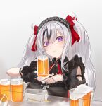  1girl absurdres alcohol azur_lane bangs beer beer_mug black_dress black_gloves black_hairband blush breasts closed_mouth cup dress elbe_(azur_lane) elbe_(time_to_show_off?)_(azur_lane) gloves hairband highres holding holding_cup lips long_hair looking_at_viewer lump_saury medium_breasts mug multicolored_hair official_alternate_costume red_ribbon ribbon smile solo streaked_hair twintails upper_body violet_eyes white_background white_hair 