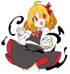  1girl black_skirt black_vest blonde_hair blush collared_shirt cowboy_shot cropped_legs fang hair_ribbon ini_(inunabe00) long_sleeves open_mouth red_eyes red_ribbon ribbon rumia shirt short_hair simple_background skin_fang skirt smile solo touhou vest white_background white_shirt 