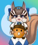  1girl animal_costume animal_ear_fluff animal_ears blue_eyes bow bowtie brown_hair chipmunk_costume chipmunk_ears chipmunk_girl chipmunk_tail edamamezooooo extra_ears gloves highres kemono_friends kemono_friends_v_project looking_at_viewer microphone multicolored_hair open_mouth ribbon scarf shirt short_hair shorts siberian_chipmunk_(kemono_friends) simple_background smile tail vest virtual_youtuber white_hair 