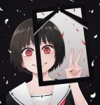  1girl bangs black_background black_hair cross hand_up highres iei looking_at_viewer original parted_lips petals portrait red_eyes sailor_collar short_hair slit_pupils smile solo v white_sailor_collar yajirushi_(chanoma) 