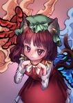  1girl :3 animal_ears brown_eyes brown_hair cat_ears cat_tail chen earrings from_above hat highres jewelry leaning_forward looking_at_viewer multiple_tails paw_pose tail touhou yawdeone 