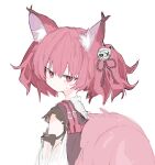  animal_ear_fluff animal_ears arknights bangs blush closed_mouth fox_ears fox_girl fox_tail from_side hair_between_eyes highres looking_at_viewer looking_to_the_side red_eyes redhead sanma_(tabet_) shamare_(arknights) shirt simple_background sweat tail torn_clothes torn_shirt twintails white_background white_shirt 