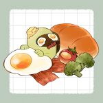  2others among_us artist_name bacon border bread broccoli butter cherry_tomato commentary creature crewmate_(among_us) egg_(food) food food-themed_creature food_on_face food_on_head fried_egg green_border highres holding holding_food looking_at_another multiple_others object_on_head on_food oversized_food signature symbol-only_commentary tenmiyakiyo tomato 