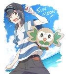  1boy bad_id bad_twitter_id black_hair blush clenched_hand clouds cowboy_shot day elio_(pokemon) hat holding holding_poke_ball looking_at_viewer male_focus ocean open_mouth poke_ball poke_ball_(basic) pokemon pokemon_(creature) pokemon_(game) pokemon_sm rowlet shirt sky wings yairo_(sik_s4) z-ring 