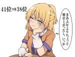  1girl blonde_hair brown_shirt commentary_request frown green_eyes head_rest mizuhashi_parsee shirt short_ponytail solo suwaneko table thought_bubble touhou translation_request upper_body 