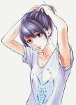  1girl armpits arms_up blue_eyes blue_hair collarbone hare-kon. maezono_koharu non_(mangaka) parted_lips shirt short_ponytail solo t-shirt tying_hair upper_body 