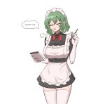  1girl alternate_costume black_dress cafe_maid closed_eyes dress elbow_gloves english_text gloves green_hair highres kazami_yuuka maid maid_cafe maid_headdress mata_(matasoup) short_dress short_hair sigh simple_background speech_bubble thigh-highs thighs touhou white_background white_thighhighs 