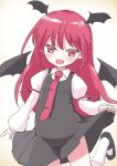  1girl bat_wings clothes_lift hamaburicchi head_wings juliet_sleeves koakuma lifted_by_self long_hair long_sleeves necktie open_mouth puffy_sleeves red_eyes redhead shirt shoes skirt skirt_hold skirt_lift solo touhou wings 
