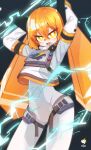  1girl :d absurdres arms_up bangs black_background bodysuit bodysuit_under_clothes commentary_request covered_navel electricity grey_bodysuit hair_between_eyes highres ine_2 jacket long_hair looking_at_viewer orange_hair original smile solo standing thick_eyebrows twintails very_long_hair white_bodysuit white_jacket yellow_eyes 