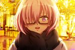  1girl fate/grand_order fate_(series) glasses hair_over_one_eye light_purple_hair mash_kyrielight omaaruebi_no_rizotto open_mouth portrait road scarf short_hair solo street sweater violet_eyes 