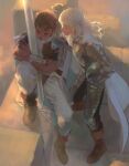  2boys armor berserk black_hair cape closed_eyes emg_(christain) greatsword griffith_(berserk) guts_(berserk) helmet holding holding_helmet long_hair male_focus multiple_boys object_hug short_hair shoulder_armor sleeping smile spiky_hair sword weapon white_cape white_hair 