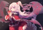  1girl black_background black_wings capelet flower hair_bobbles hair_ornament highres holding holding_flower kemo_chiharu long_hair multiple_wings one_side_up own_hands_together pink_eyes red_capelet red_shirt red_skirt shinki_(touhou) shirt signature skirt solo touhou touhou_(pc-98) white_hair wings 