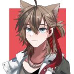  1boy ahoge animal_ears arknights bishounen blue_eyes blue_sealad brown_hair cat_boy cat_ears jewelry male_focus necklace red_background red_ribbon ribbon short_hair simple_background smile solo stainless_(arknights) tagme upper_body white_background 