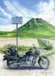  artist_name bag blue_sky bottle clouds crack day fence grass ground_vehicle highres motor_vehicle motorcycle mountain no_humans original outdoors reflection road_sign scenery shin_osawa sign sky water_bottle yamaha 