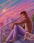  1boy 1other absurdres arm_on_knee bandage_on_face bandages brown_eyes brown_hair brown_jacket bush cat chain-link_fence cityscape closed_mouth clouds cloudy_sky denim expressionless fence hazuki_ryou highres jacket jeans knee_up looking_at_viewer open_hand outdoors pants purple_sky shenmue shirt shoes sideburns signature sitting sky sliverofsand sneakers spiky_hair stairs sunset t-shirt thick_eyebrows white_footwear white_shirt 