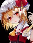  1girl ascot black_background blonde_hair bow ear_piercing flandre_scarlet hat hat_bow looking_at_viewer mob_cap open_mouth piercing pointy_ears red_bow red_eyes sakizaki_saki-p short_hair short_sleeves simple_background solo touhou upper_body white_headwear yellow_ascot 
