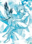  1boy bird blue_theme boots children&#039;s_project crow full_body greyscale highres male_focus monochrome non_(mangaka) solo vest 