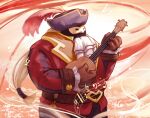  1boy bard_(league_of_legends) bard_bard belt black_jacket black_pants blonde_hair brown_belt cowboy_shot eye_mask gloves hat hat_feather heart holding jacket league_of_legends lindong long_hair long_sleeves multicolored_clothes multicolored_jacket musical_note pants red_jacket solo standing two-tone_jacket 