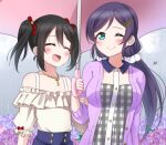  2girls aqua_eyes bangs black_hair blush closed_mouth dress hair_ornament hair_scrunchie hairclip hand_on_another&#039;s_arm holding holding_another&#039;s_arm holding_umbrella jewelry long_hair long_sleeves looking_at_another love_live! love_live!_school_idol_project low_twintails multiple_girls necklace off-shoulder_shirt off_shoulder one_eye_closed open_mouth plaid plaid_dress purple_hair rain scrunchie shared_umbrella shirt signature smile swept_bangs toujou_nozomi twintails umbrella white_scrunchie white_shirt yazawa_nico yuri zero-theme 