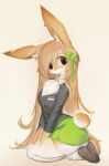  breasts brown_hair furry furry_female green_skirt highres long_hair medium_breasts rabbit_girl school_uniform sitting skirt smile uyu_(soda_uyu) 