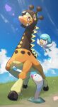  :d absurdres bright_pupils clouds day farigiraf flying full_body grass happy highres no_humans nullma open_mouth outdoors pokemon pokemon_(creature) pokemon_(game) pokemon_sv quaxly sharp_teeth smile standing teeth white_pupils wiglett 