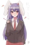  1girl :d absurdres animal_ears aohane blush breasts hand_up heart highres large_breasts long_hair looking_at_viewer necktie pinky_out purple_hair rabbit_ears red_necktie reisen_udongein_inaba shirt signature skirt smile solo touhou very_long_hair 