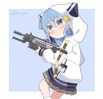  1girl animal_hood apex_legends black_skirt blue_eyes blue_hair blush_stickers cat_hood chibi commentary english_commentary gun hair_between_eyes highres holding holding_gun holding_weapon hololive hood hooded_jacket hoshimachi_suisei jacket kukie-nyan light_machine_gun long_hair rampage_lmg skirt smile smirk solo star_(symbol) star_in_eye symbol_in_eye twitter_username v-shaped_eyebrows virtual_youtuber weapon white_jacket 