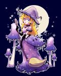  1girl absurdres black_gloves blonde_hair blue_background blue_eyes broom corset dress earrings elbow_gloves full_moon gloves guichibo hat highres holding holding_broom jewelry looking_at_viewer moon mushroom princess_peach purple_dress purple_headwear solo star_(symbol) starry_background super_mario_bros. white_corset witch_hat 