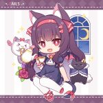  1girl :d animal animal_ear_fluff animal_ears bell black_cat black_dress black_hair bow cat chibi clouds commentary_request copyright_request crescent_moon cup dotted_line dress flower frilled_dress frills full_body hair_ornament hairband hairclip hitsuki_rei holding holding_cup jingle_bell long_hair looking_at_viewer mini_wings moon neck_bell night night_sky pantyhose puffy_short_sleeves puffy_sleeves red_bow red_eyes red_flower red_hairband red_rose red_wings rose short_sleeves sky smile solo sparkle striped striped_background tail teacup teapot vertical_stripes very_long_hair virtual_youtuber white_cat white_pantyhose window wings wrist_cuffs 