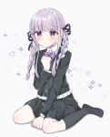  1girl :o absurdres aged_down bangs black_jacket black_skirt black_socks blush bow bowtie braid collared_shirt danganronpa_(series) danganronpa_kirigiri dress_shirt frilled_shirt frills grey_background hair_ribbon hana_no_yo hand_up highres jacket kirigiri_kyouko kneehighs long_hair miniskirt no_shoes official_alternate_costume official_alternate_hairstyle pink_bow pink_bowtie pleated_skirt ribbon shirt skirt socks solo twin_braids twintails violet_eyes 