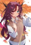  1girl autumn_leaves blue_eyes blue_pants blush branch closed_mouth collared_shirt dress_shirt gukurosawa01 hands_up heterochromia highres hololive hololive_english horns irys_(hololive) long_hair long_sleeves looking_at_viewer multicolored_hair multiple_horns nail_polish pants purple_hair purple_nails redhead shirt simple_background smile solo streaked_hair sweater_vest very_long_hair violet_eyes virtual_youtuber white_background white_shirt 