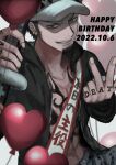  1boy balloon black_coat black_hair chest_tattoo coat facial_hair grey_eyes grin hand_gesture hand_tattoo hands_up happy_birthday hat heart_balloon highres holding holding_sword holding_weapon koumikanmi male_focus one_piece open_clothes open_coat sash sheath sheathed shoulder_sash smile solo sword tattoo trafalgar_law weapon 