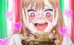  1girl absurdres blonde_hair blush carro_veloce_cv-33 elvafirst fake_nails ground_vehicle heart heart_in_eye highres italian_flag jewelry kitagawa_marin military military_vehicle motor_vehicle pink_eyes pink_nails ring signature solo sono_bisque_doll_wa_koi_wo_suru sparkle symbol_in_eye tank upper_body 