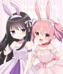  2girls absurdres akemi_homura animal_ears bare_shoulders black_hair blush choker closed_mouth commentary_request dress hair_ribbon highres kaname_madoka long_hair looking_at_viewer mahou_shoujo_madoka_magica multiple_girls nekomura_yuyuko official_alternate_costume open_mouth pink_dress pink_eyes pink_hair purple_choker purple_ribbon rabbit_ears red_choker ribbon ribbon_choker short_hair short_twintails smile twintails white_dress white_ribbon 