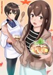  2girls absurdres akagi_(kancolle) alternate_costume apron artist_name black_pants black_shirt blue_skirt bowl brown_cardigan brown_eyes brown_hair cardigan chopsticks food highres himura_moritaka holding holding_bowl holding_chopsticks holding_food holding_spoon kaga_(kancolle) kantai_collection leaf leaf_background long_hair looking_at_viewer multiple_girls pants shirt side_ponytail skirt spoon steam striped striped_shirt very_long_hair 