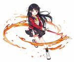  1girl alternate_costume black_hair black_skirt fire hair_between_eyes hair_ornament hair_ribbon holding holding_sword holding_weapon jacket kawashima_yaruki leg_up legs long_hair long_sleeves open_mouth original red_eyes red_jacket ribbon shoes skirt socks sword weapon white_ribbon yaruwashi 