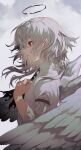  1girl absurdres angel angel_wings bangs clouds facing_to_the_side feathered_wings grey_hair hair_between_eyes halo hand_on_own_chest highres iwai_ku_tsuki medium_hair original red_eyes shirt solo white_shirt wings 